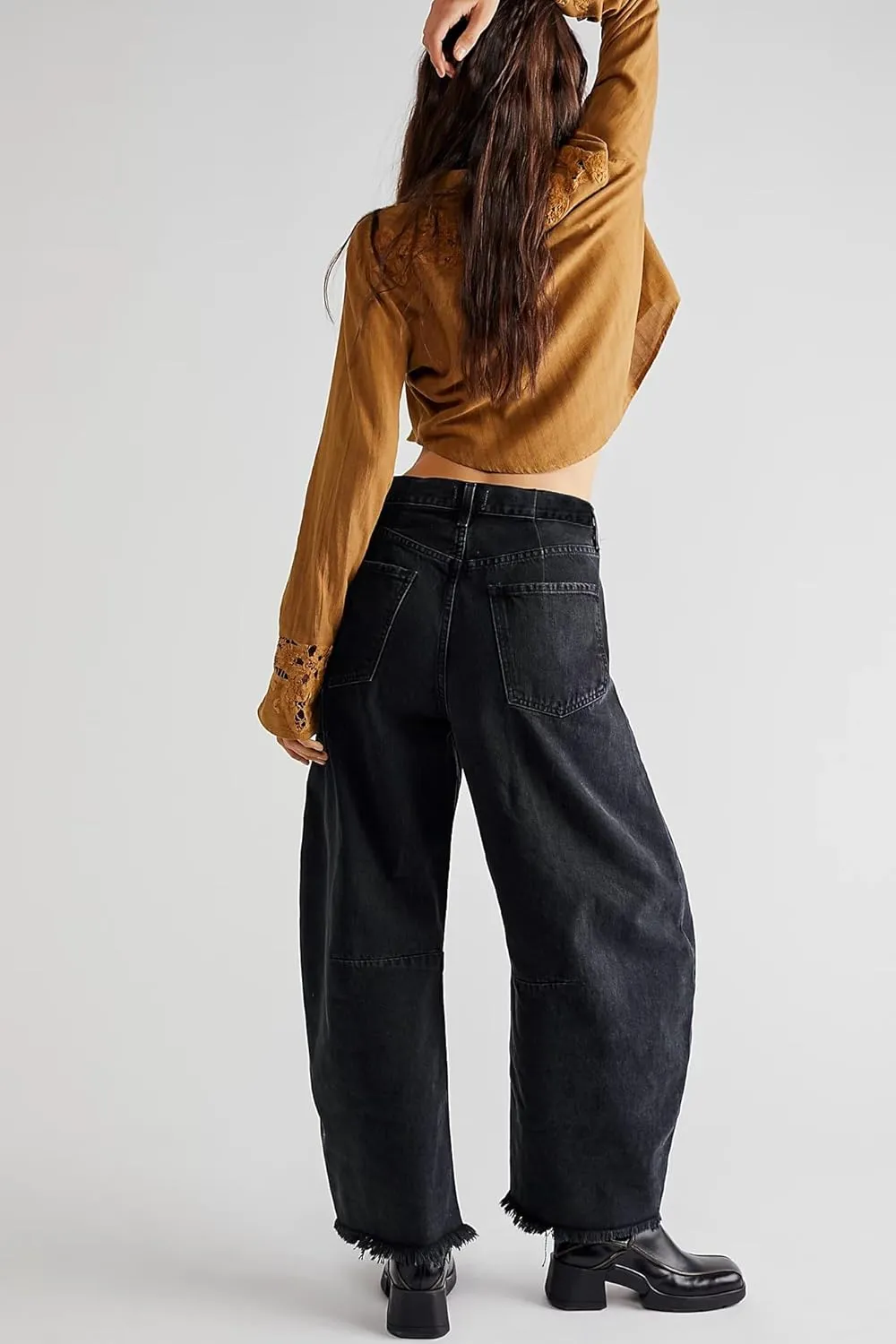 Allimy Womens Jeans Mid High Waisted Wide Leg Cut Horseshoe Baggy Raw Hem Jeans for Women Trendy 2025 Denim Pants
