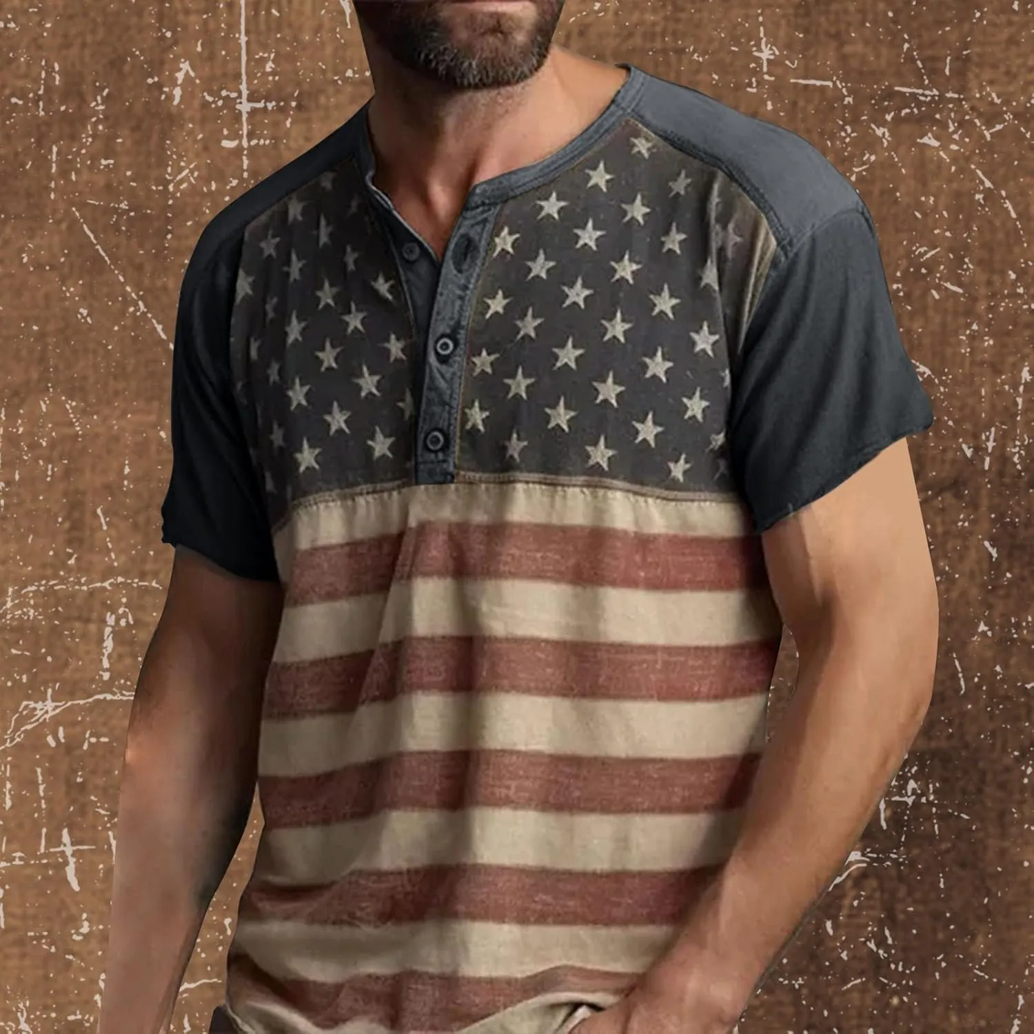 American Flag Henley Shirts for Men Vintage Short Sleeve 4th of July Shirts Casual Slim Fit Muscle Patriotic T Shirts