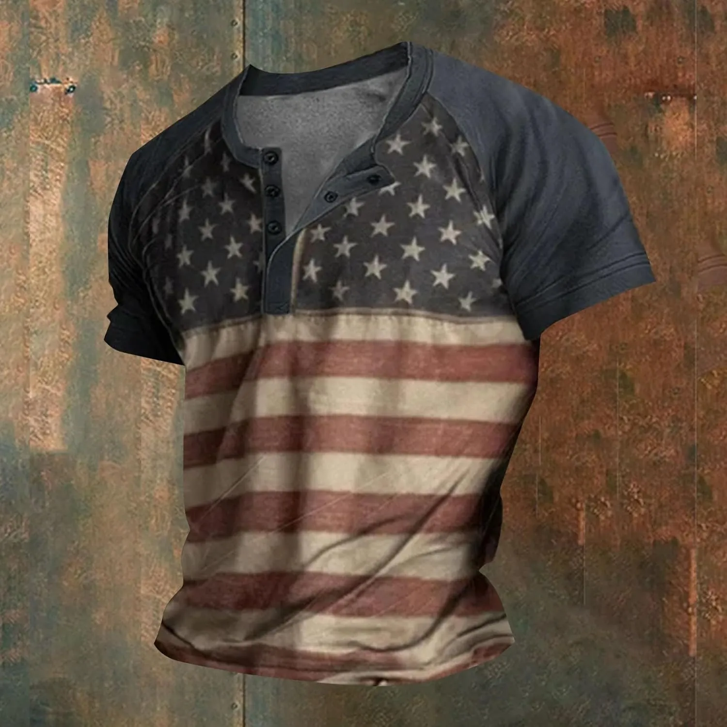 American Flag Henley Shirts for Men Vintage Short Sleeve 4th of July Shirts Casual Slim Fit Muscle Patriotic T Shirts