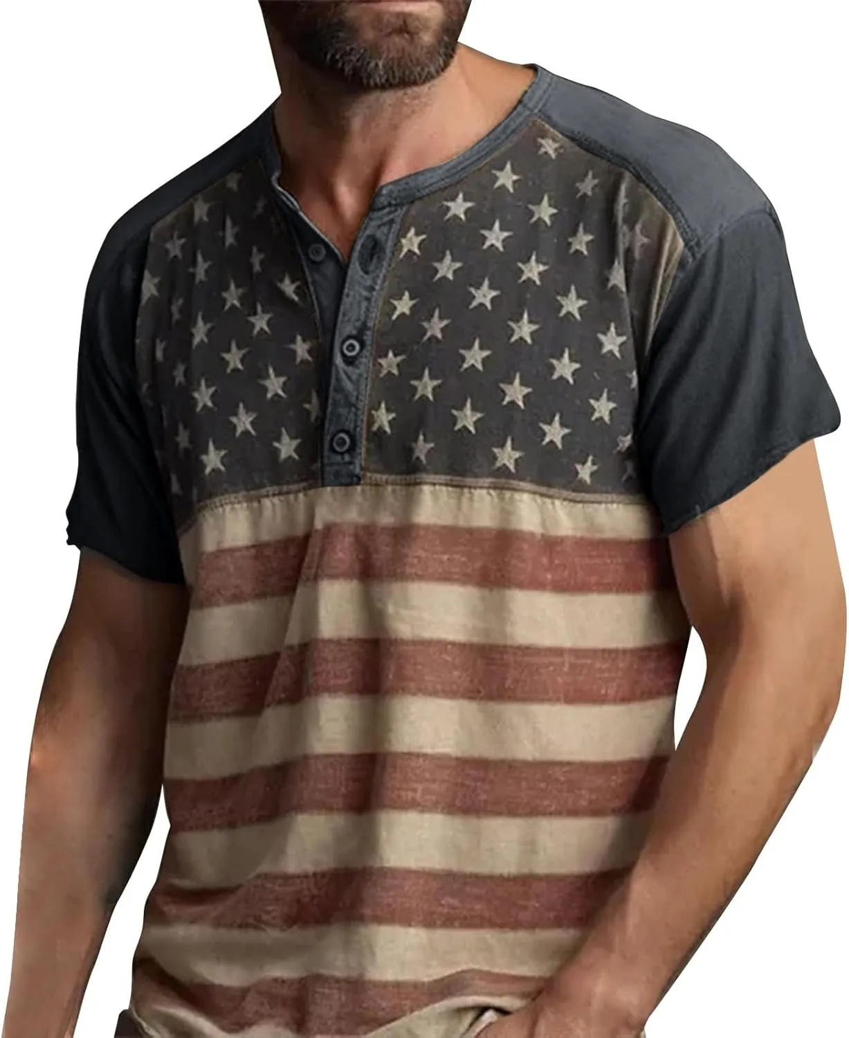 American Flag Henley Shirts for Men Vintage Short Sleeve 4th of July Shirts Casual Slim Fit Muscle Patriotic T Shirts