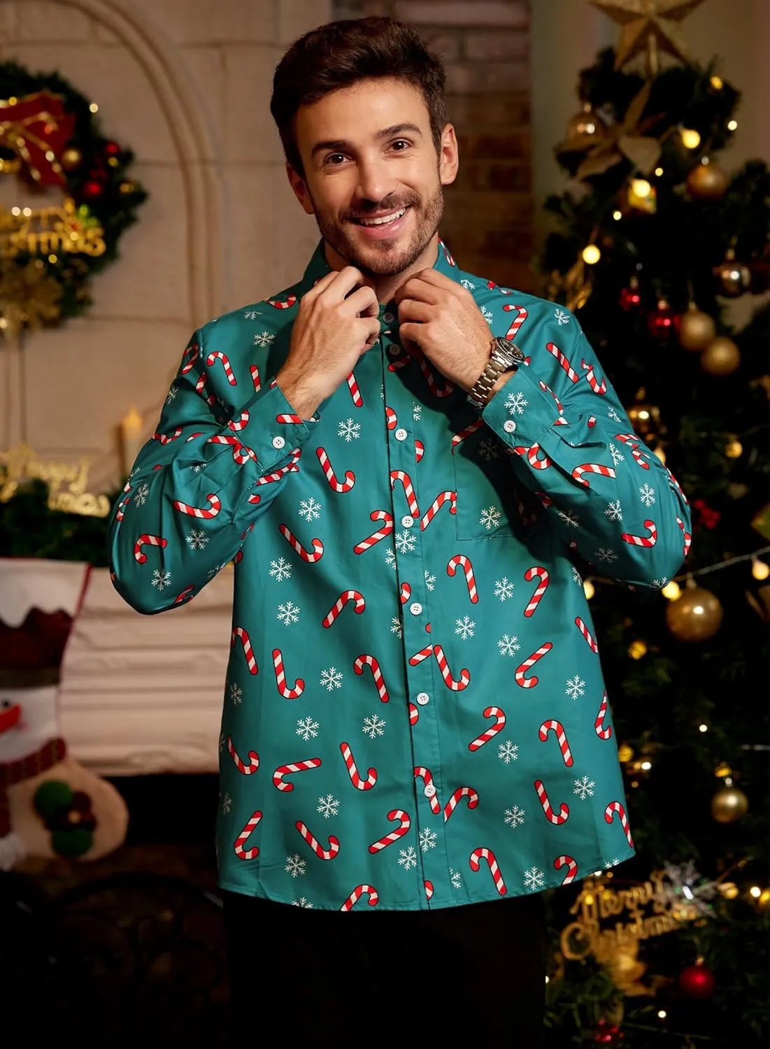 Arvilhill Men's Christmas Button Shirts Long Sleeve Ugly Xmas Shirts (S-3XL)