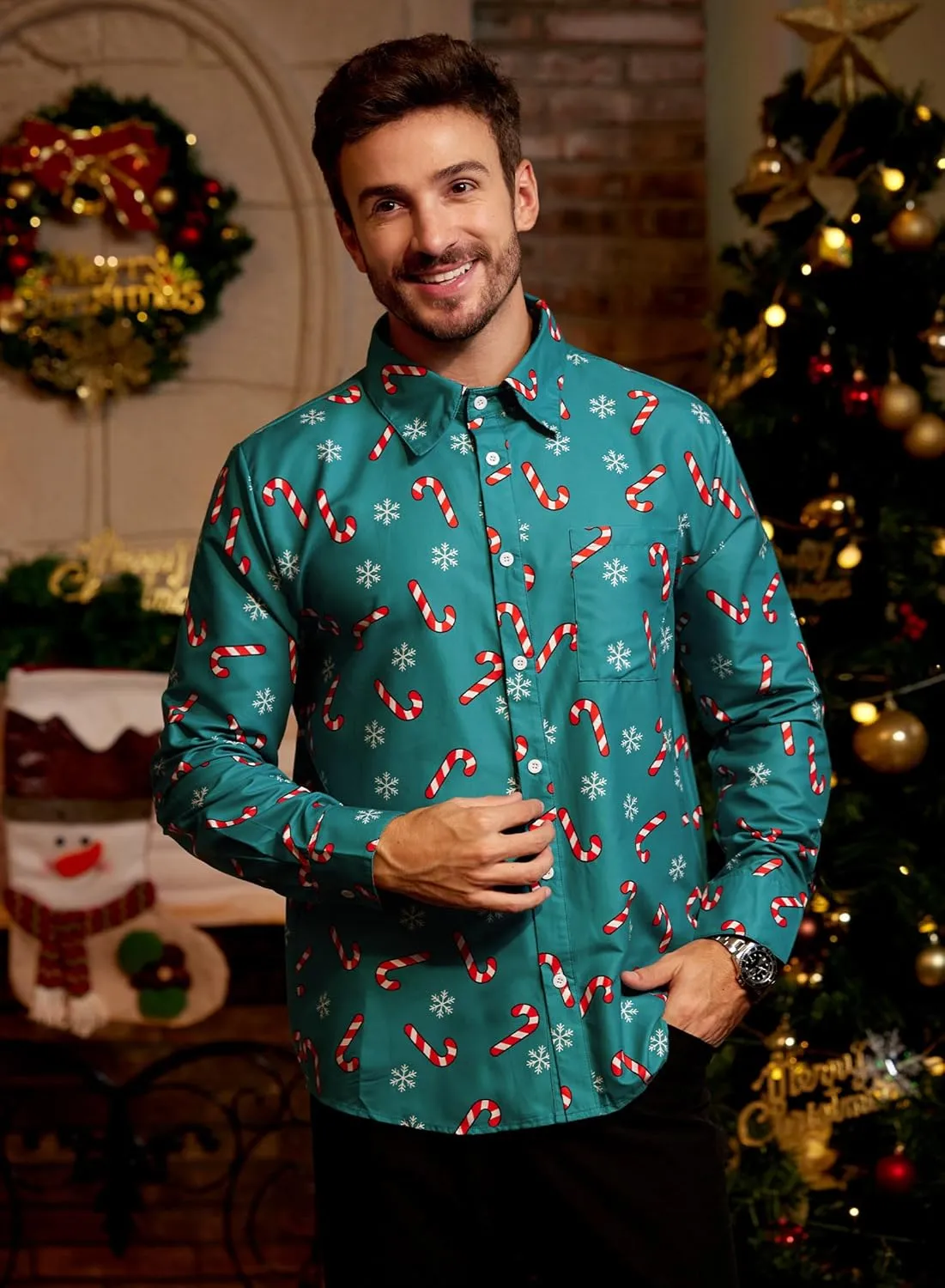Arvilhill Men's Christmas Button Shirts Long Sleeve Ugly Xmas Shirts (S-3XL)