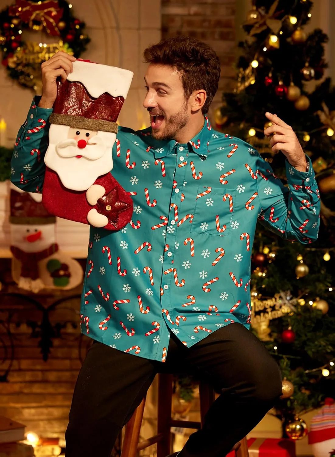 Arvilhill Men's Christmas Button Shirts Long Sleeve Ugly Xmas Shirts (S-3XL)