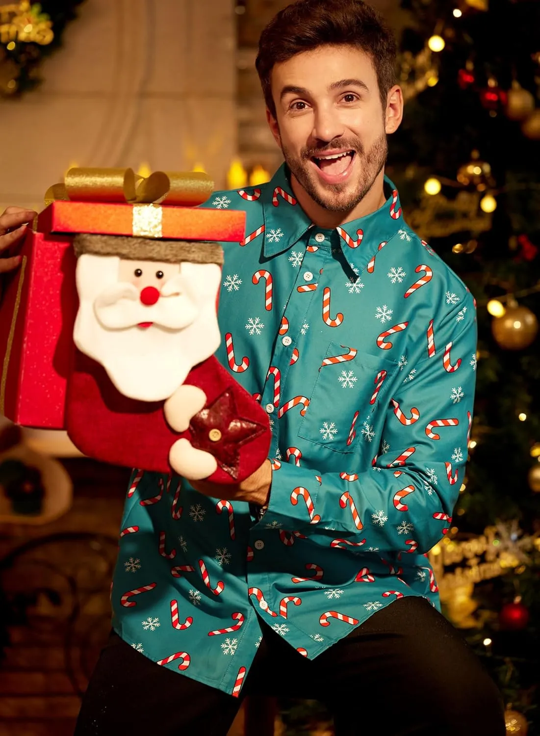 Arvilhill Men's Christmas Button Shirts Long Sleeve Ugly Xmas Shirts (S-3XL)