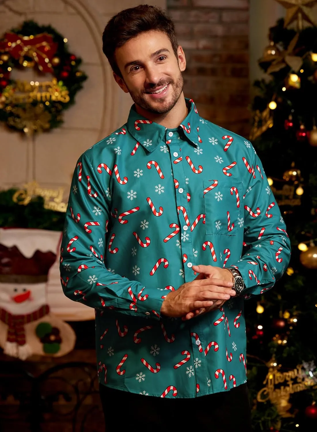 Arvilhill Men's Christmas Button Shirts Long Sleeve Ugly Xmas Shirts (S-3XL)