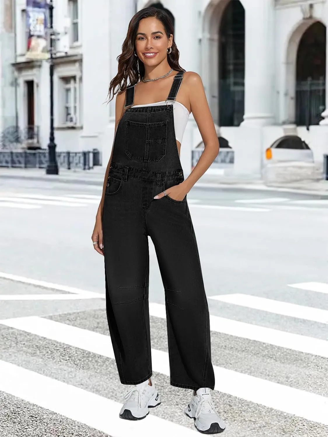 Barrel Overalls Denim Jumpsuits for Women Casual Loose Baggy Jeans Pants Sleeveless Bib Jumpers with Pockets