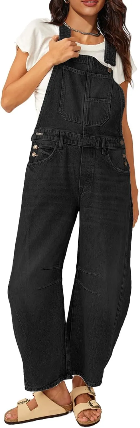 Barrel Overalls Denim Jumpsuits for Women Casual Loose Baggy Jeans Pants Sleeveless Bib Jumpers with Pockets