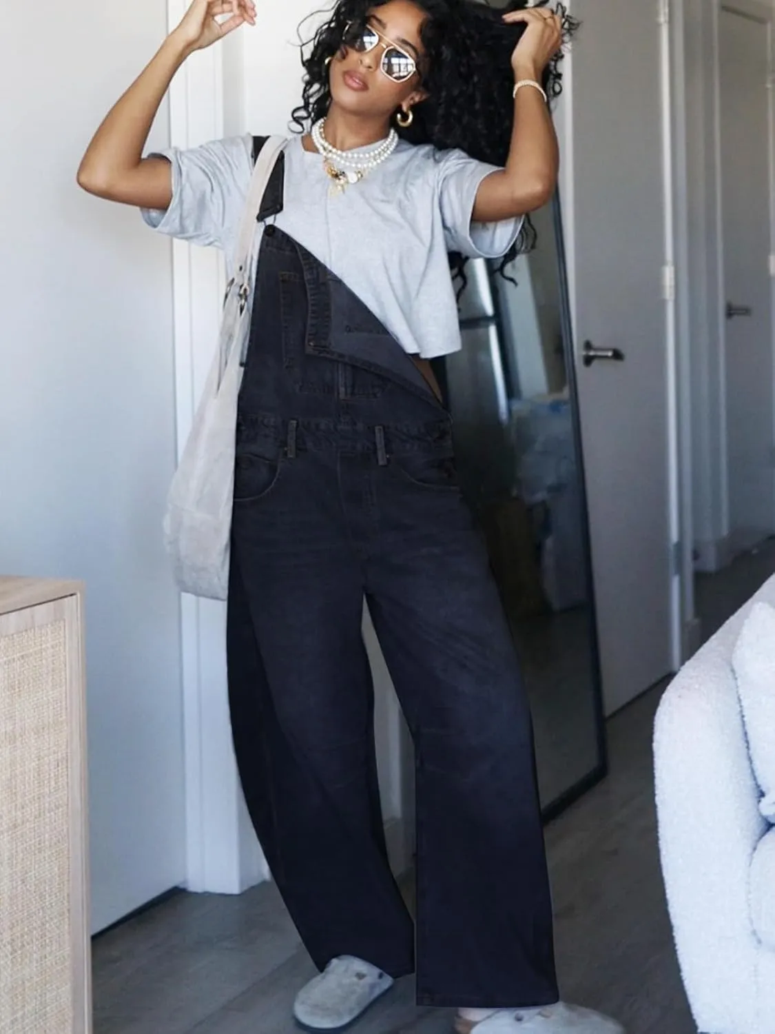 Barrel Overalls Denim Jumpsuits for Women Casual Loose Baggy Jeans Pants Sleeveless Bib Jumpers with Pockets