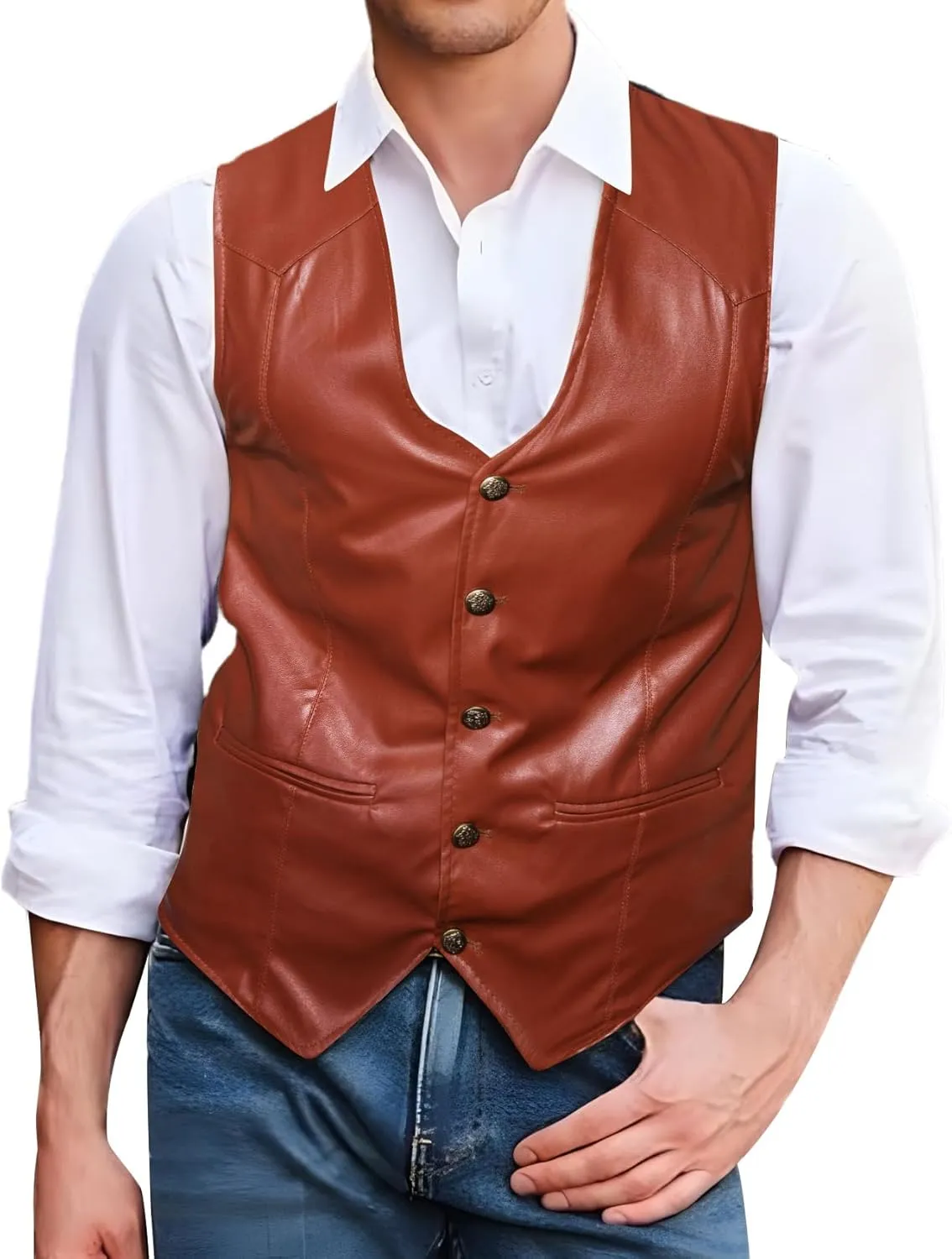 Barry.Wang Mens Leather Suit Vests Casual Western Cowboy Vest V-neck Jacket Lightweight Waistcoat