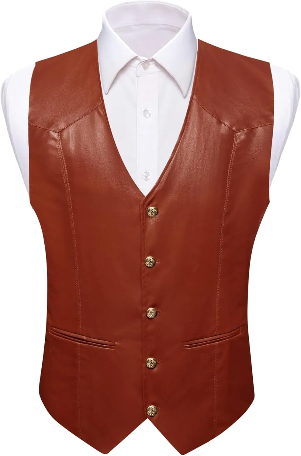 Barry.Wang Mens Leather Suit Vests Casual Western Cowboy Vest V-neck Jacket Lightweight Waistcoat