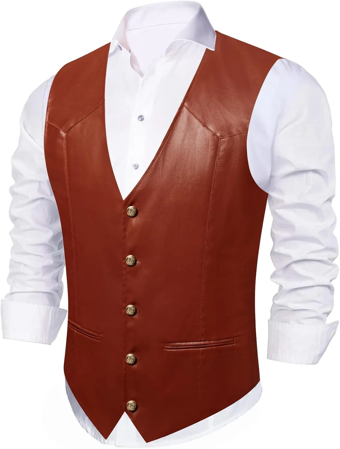 Barry.Wang Mens Leather Suit Vests Casual Western Cowboy Vest V-neck Jacket Lightweight Waistcoat