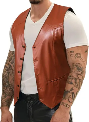 Barry.Wang Mens Leather Suit Vests Casual Western Cowboy Vest V-neck Jacket Lightweight Waistcoat