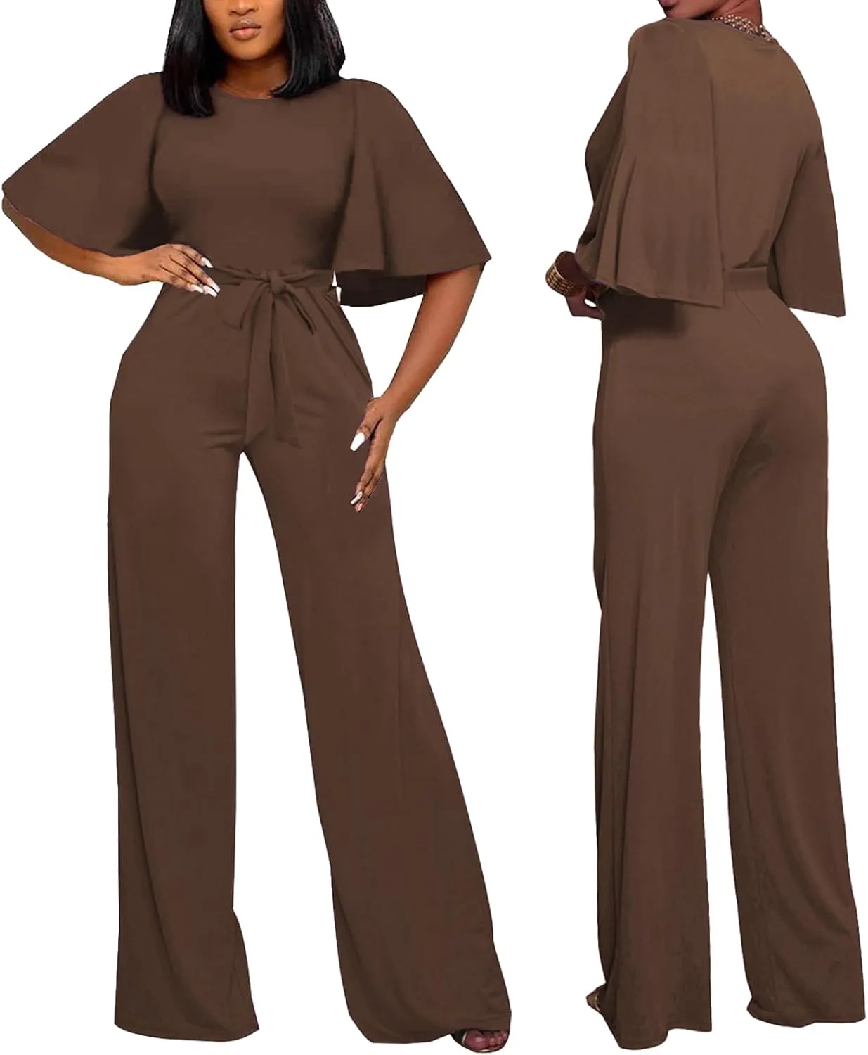 BessCops Womens Loose Short Sleeve Belted Wide Leg Pant Romper Jumpsuit Casual Business One Piece Outfits