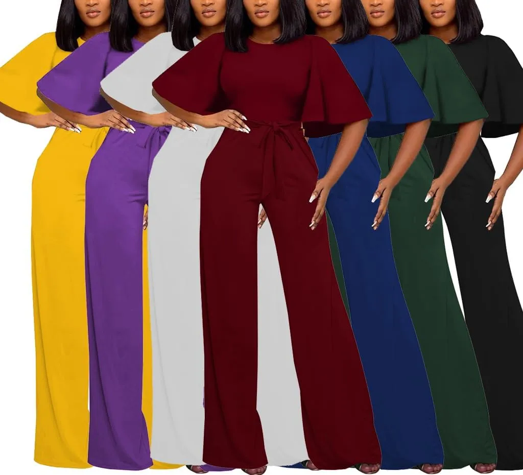 BessCops Womens Loose Short Sleeve Belted Wide Leg Pant Romper Jumpsuit Casual Business One Piece Outfits