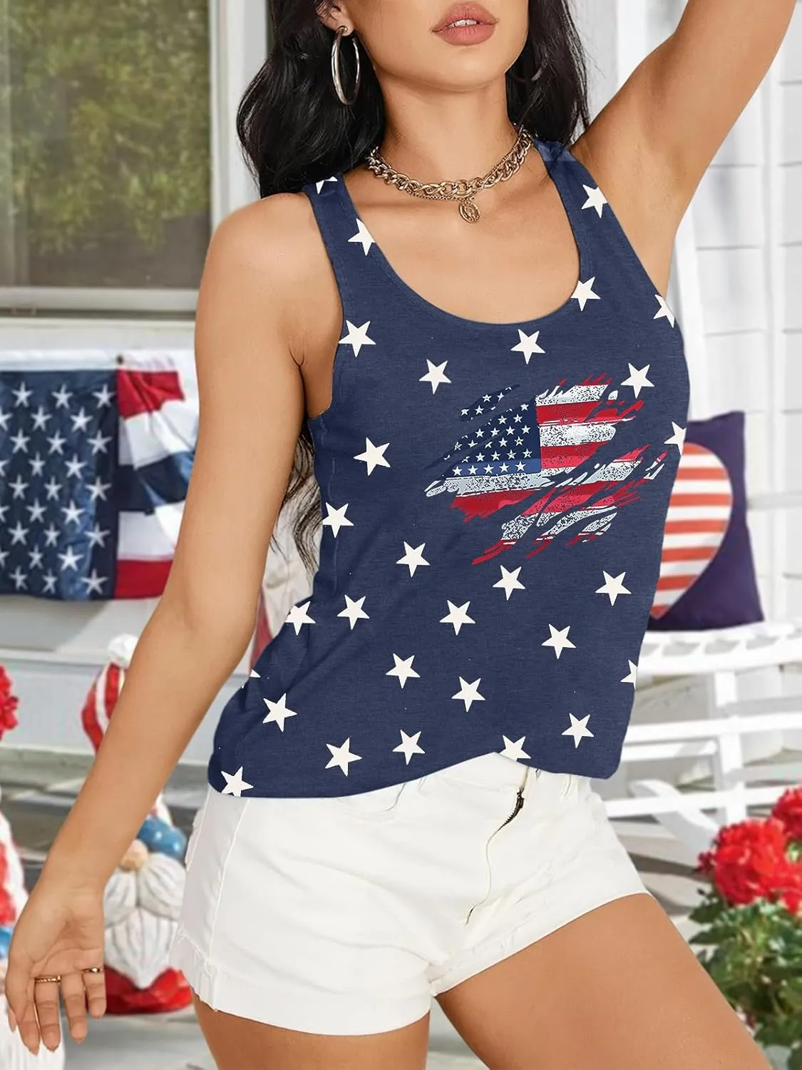 Binshre USA Flag Print Tank Tops Women American Stars Stripes Patriotic T Shirt Summer Casual Vest Tees
