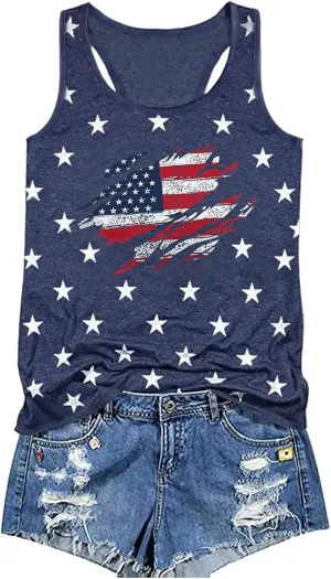 Binshre USA Flag Print Tank Tops Women American Stars Stripes Patriotic T Shirt Summer Casual Vest Tees