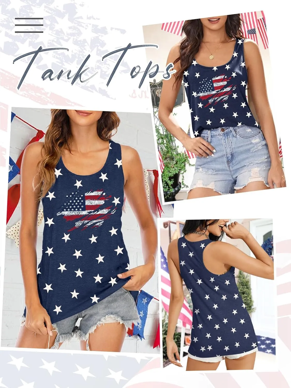 Binshre USA Flag Print Tank Tops Women American Stars Stripes Patriotic T Shirt Summer Casual Vest Tees