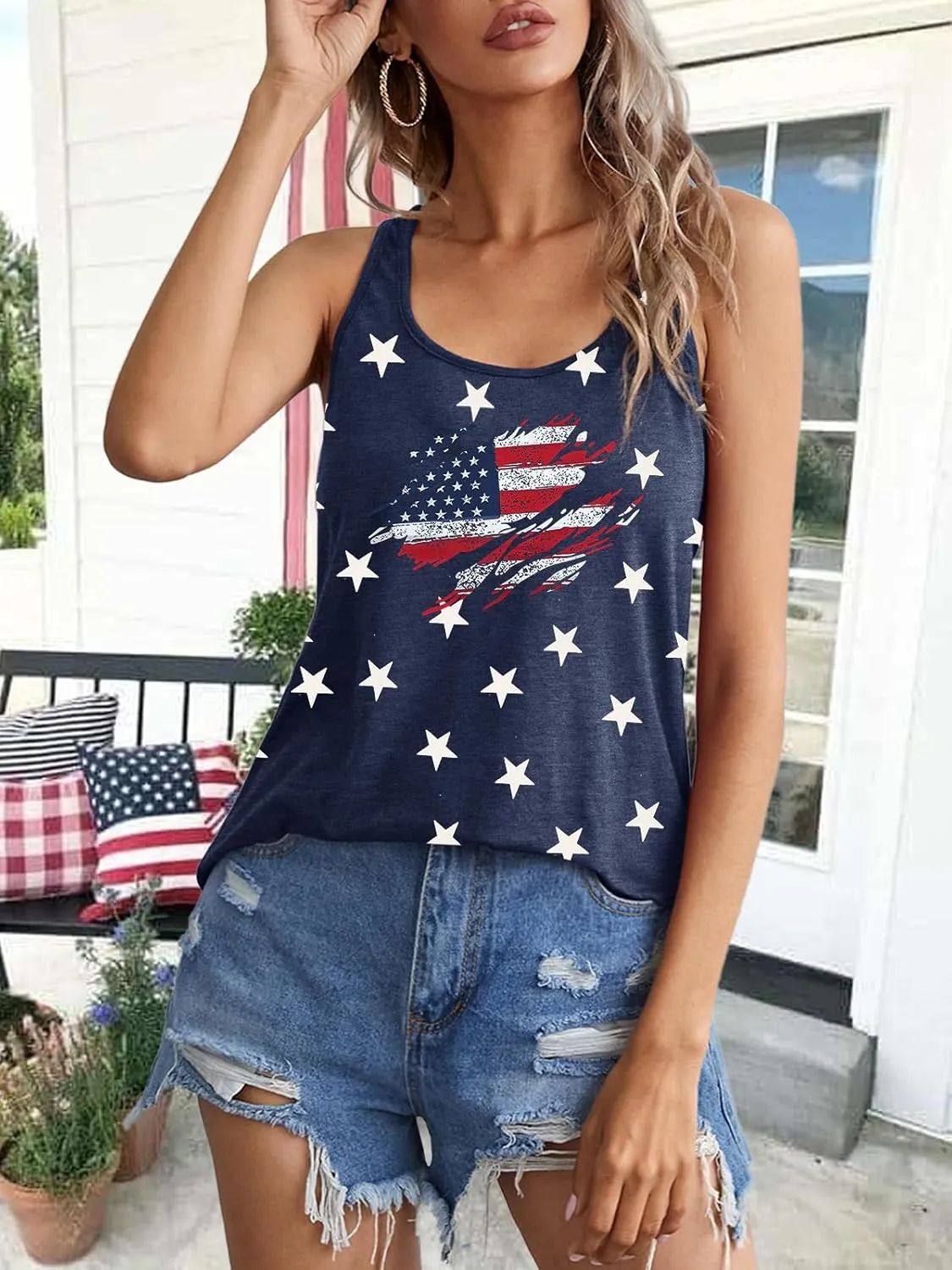Binshre USA Flag Print Tank Tops Women American Stars Stripes Patriotic T Shirt Summer Casual Vest Tees
