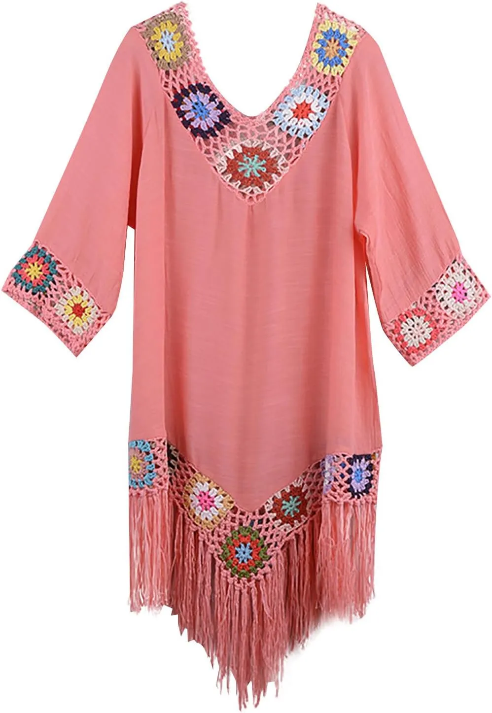 Bohemian Summer Dress for Women Boho Short Dress Floral Short Sleeve Sundress Casual Loose Tassel Beach Dress Swimwear Tunic
