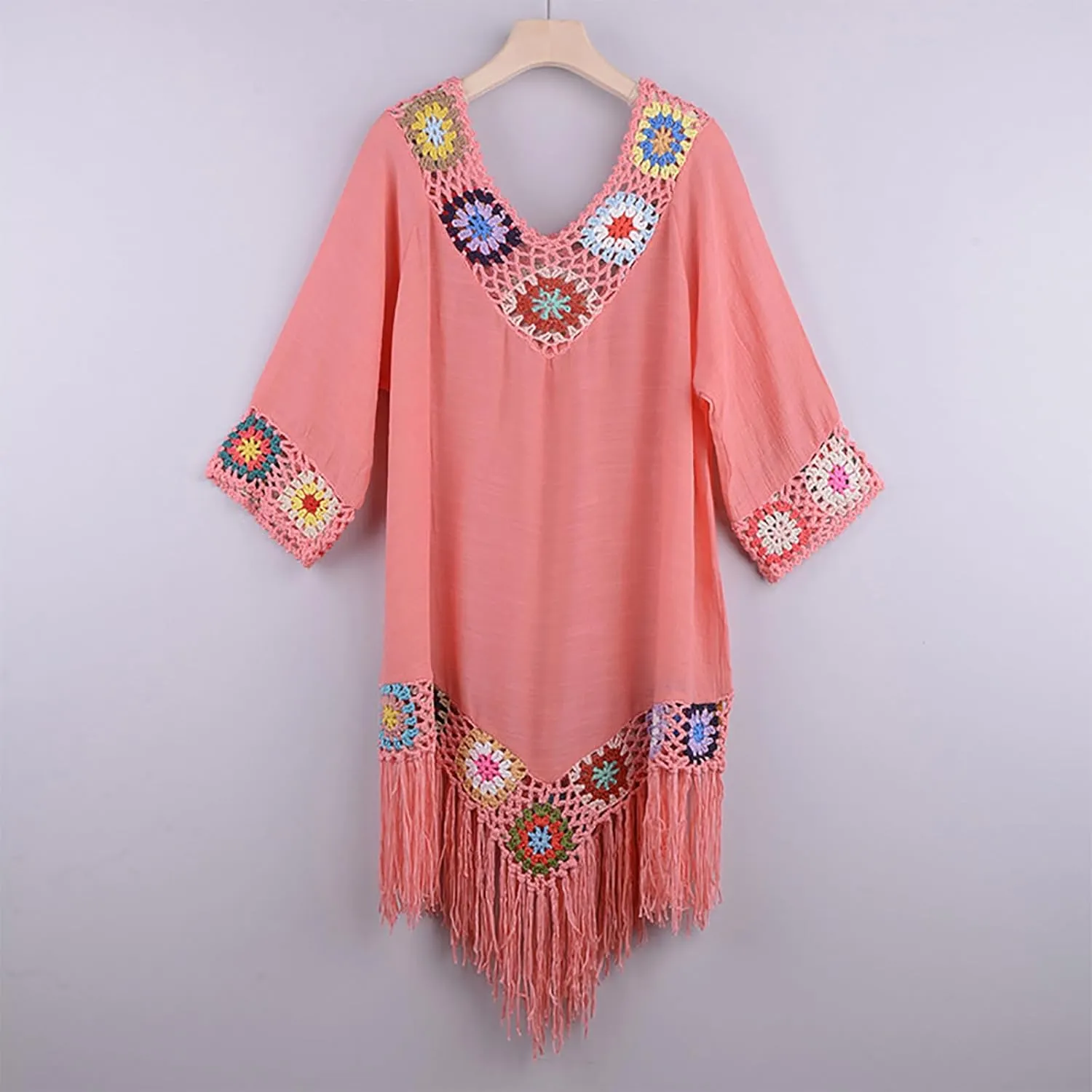 Bohemian Summer Dress for Women Boho Short Dress Floral Short Sleeve Sundress Casual Loose Tassel Beach Dress Swimwear Tunic