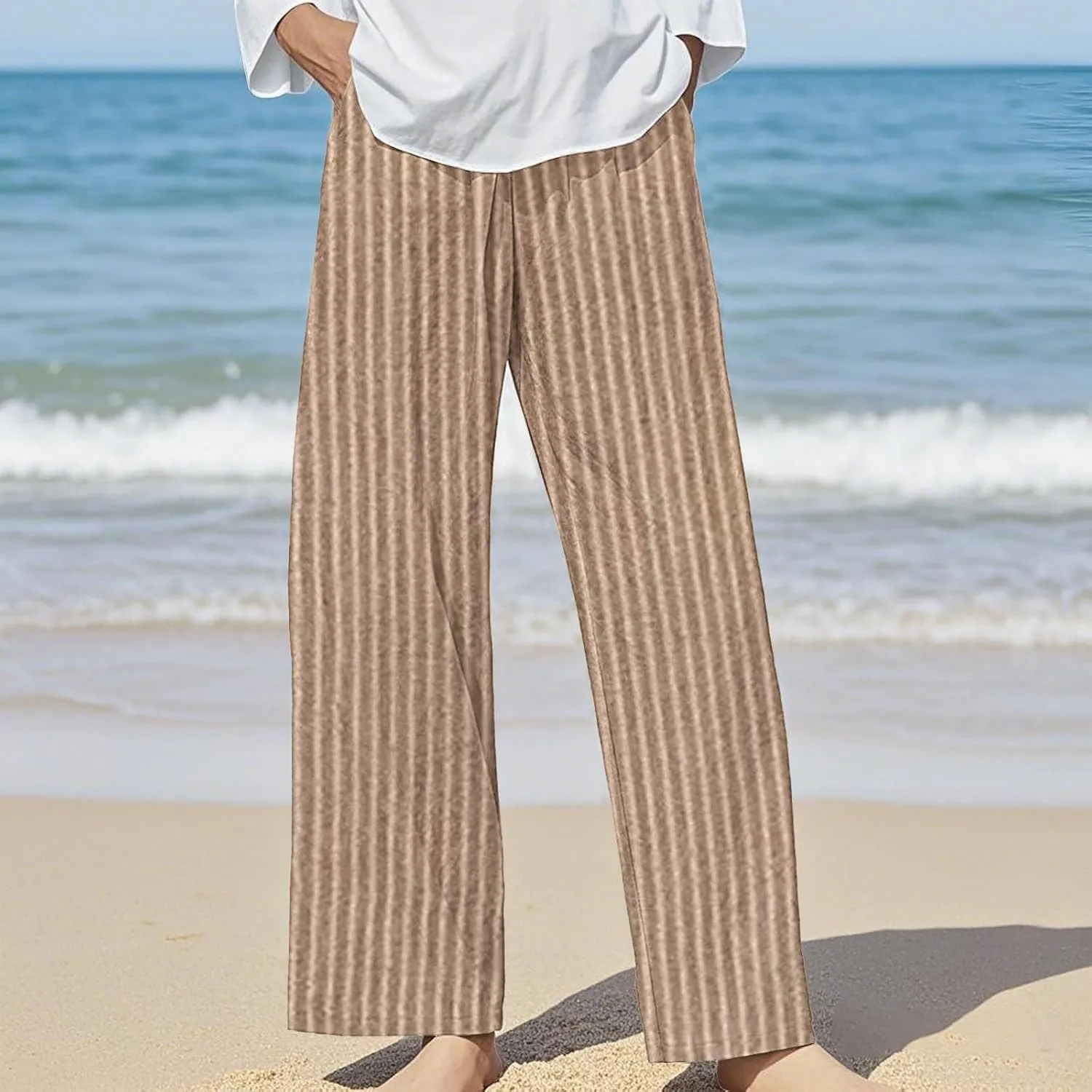 Boho Chic Linen Pants Women Split Hem Wide Leg Trousers with Hidden Elastic Waistband Summer 2025