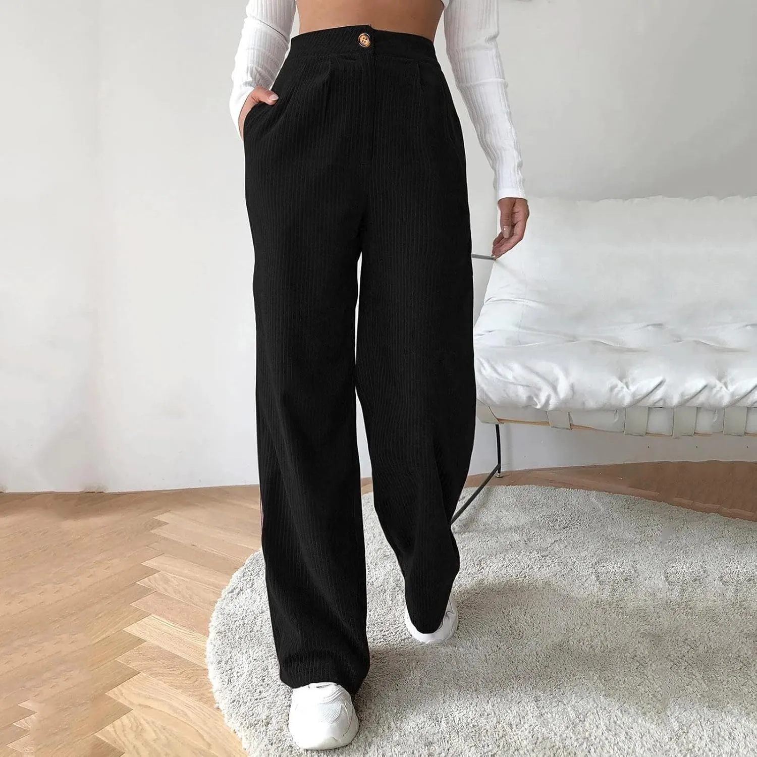 Bootcut Jeans for Women Winter Flowing Work Thermal with Pockets Solid Color Elastic Waist