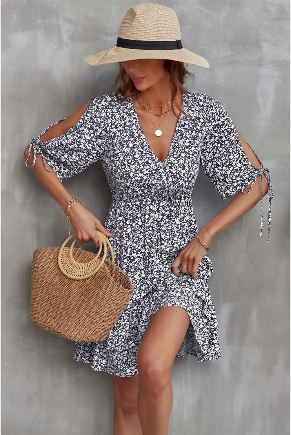BROVAVE Summer Casual Dress for Women: Floral Half Short Sleeve Mini Sundress V Neck Flowy Ruffle Beach Outfits