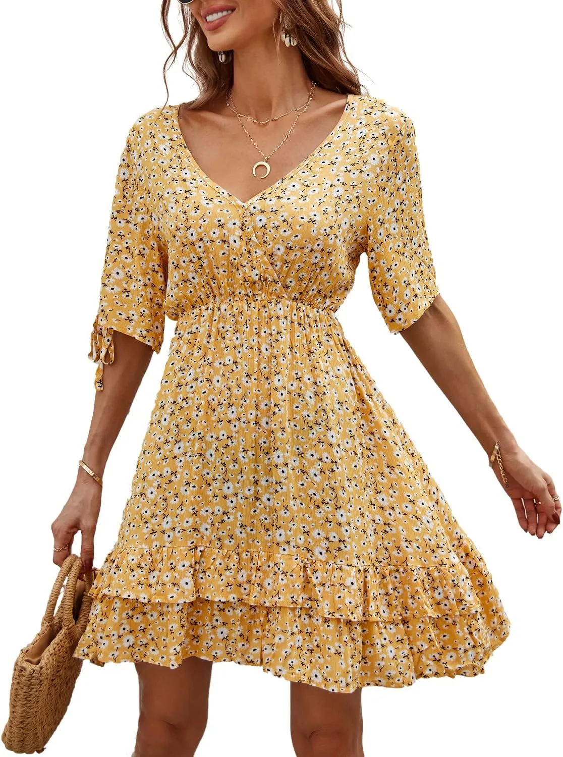 BROVAVE Summer Casual Dress for Women: Floral Half Short Sleeve Mini Sundress V Neck Flowy Ruffle Beach Outfits