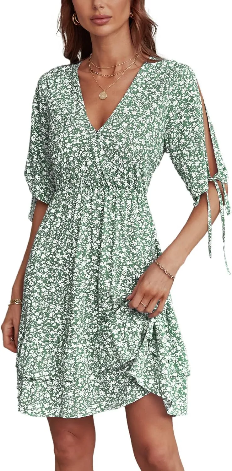 BROVAVE Summer Casual Dress for Women: Floral Half Short Sleeve Mini Sundress V Neck Flowy Ruffle Beach Outfits