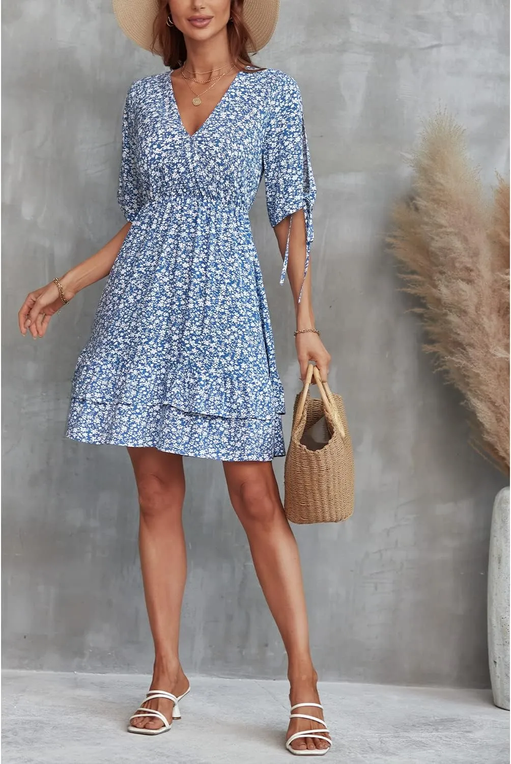 BROVAVE Summer Casual Dress for Women: Floral Half Short Sleeve Mini Sundress V Neck Flowy Ruffle Beach Outfits