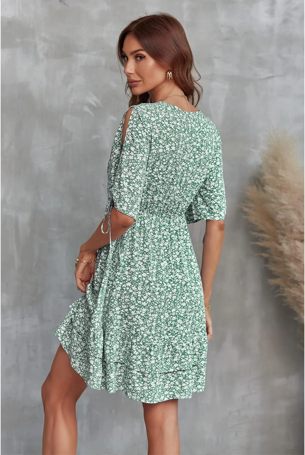BROVAVE Summer Casual Dress for Women: Floral Half Short Sleeve Mini Sundress V Neck Flowy Ruffle Beach Outfits