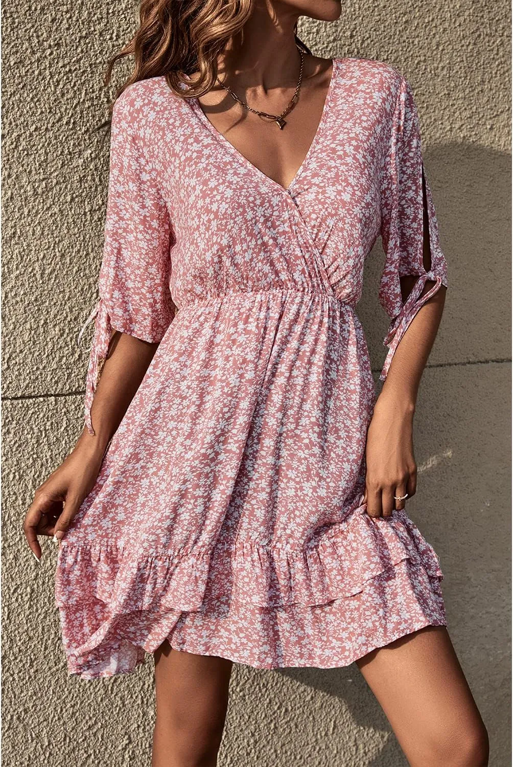 BROVAVE Summer Casual Dress for Women: Floral Half Short Sleeve Mini Sundress V Neck Flowy Ruffle Beach Outfits