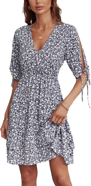 BROVAVE Summer Casual Dress for Women: Floral Half Short Sleeve Mini Sundress V Neck Flowy Ruffle Beach Outfits