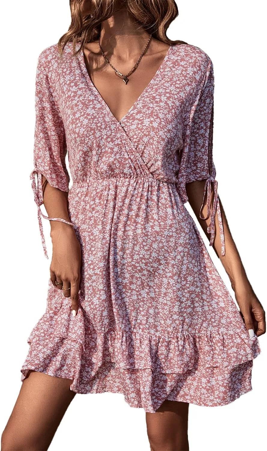 BROVAVE Summer Casual Dress for Women: Floral Half Short Sleeve Mini Sundress V Neck Flowy Ruffle Beach Outfits
