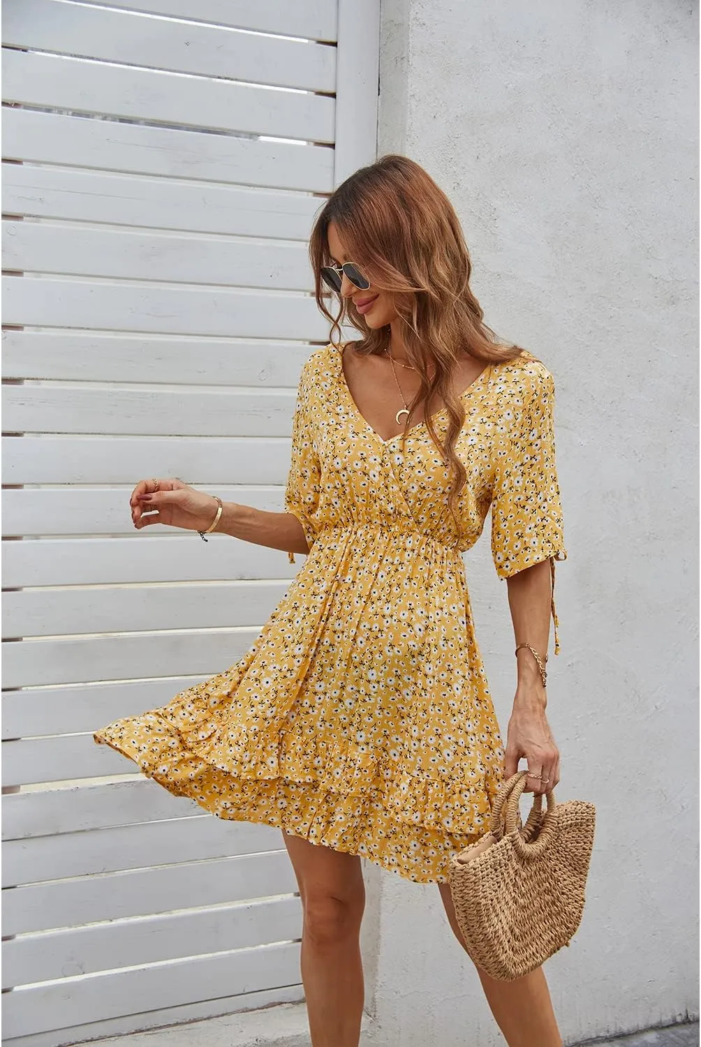 BROVAVE Summer Casual Dress for Women: Floral Half Short Sleeve Mini Sundress V Neck Flowy Ruffle Beach Outfits