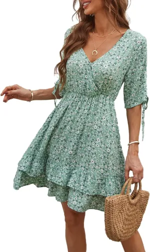 BROVAVE Summer Casual Dress for Women: Floral Half Short Sleeve Mini Sundress V Neck Flowy Ruffle Beach Outfits