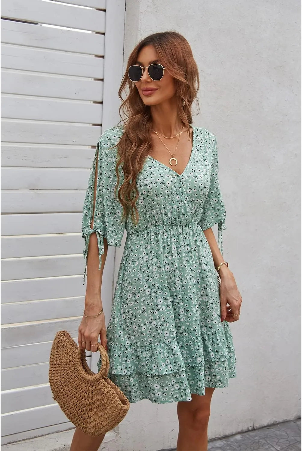 BROVAVE Summer Casual Dress for Women: Floral Half Short Sleeve Mini Sundress V Neck Flowy Ruffle Beach Outfits