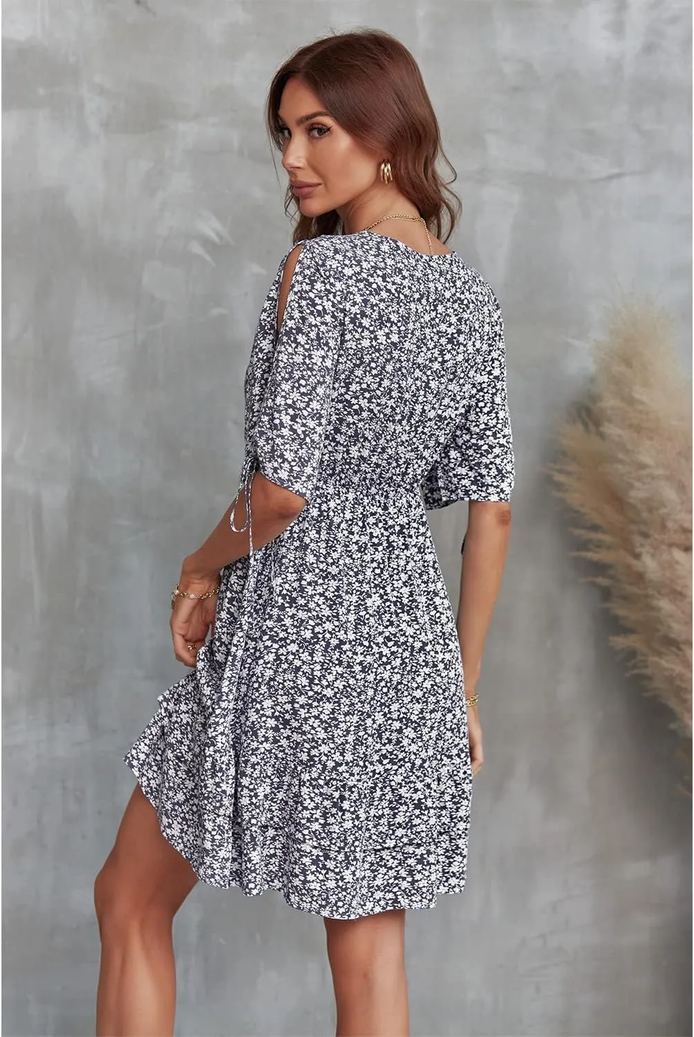 BROVAVE Summer Casual Dress for Women: Floral Half Short Sleeve Mini Sundress V Neck Flowy Ruffle Beach Outfits