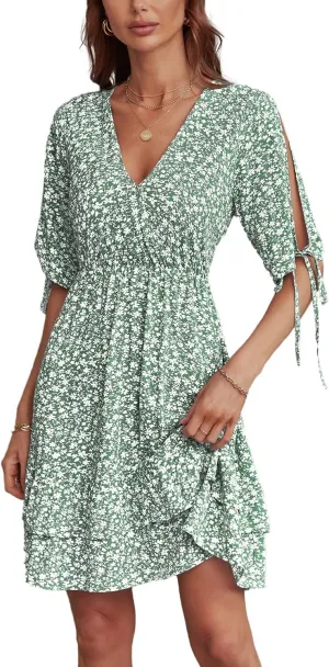 BROVAVE Summer Casual Dress for Women: Floral Half Short Sleeve Mini Sundress V Neck Flowy Ruffle Beach Outfits