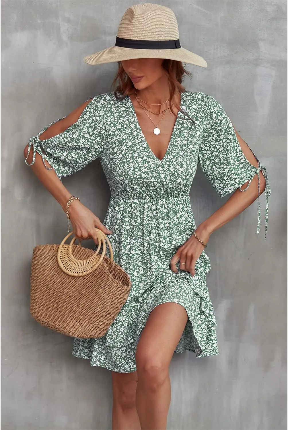 BROVAVE Summer Casual Dress for Women: Floral Half Short Sleeve Mini Sundress V Neck Flowy Ruffle Beach Outfits