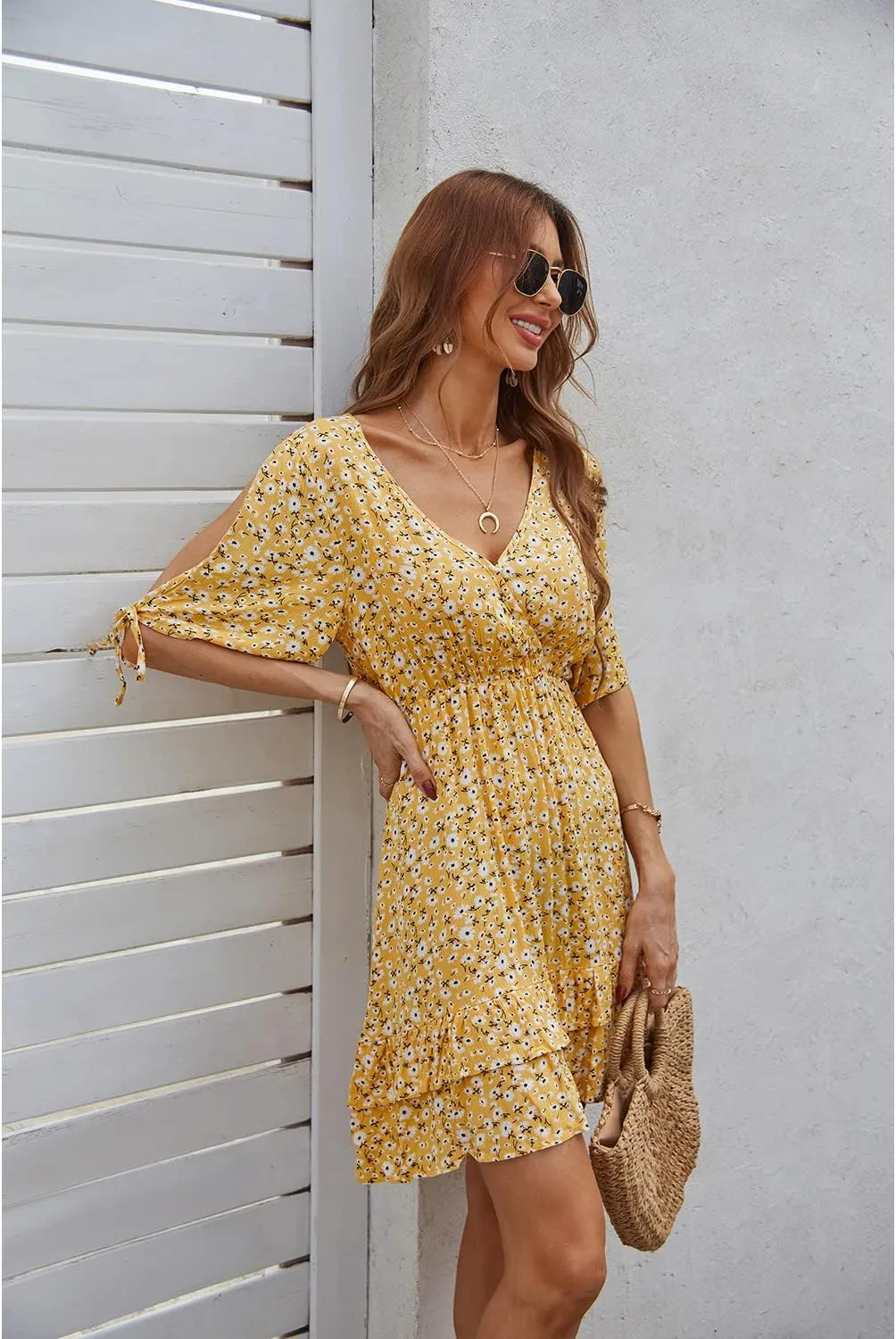 BROVAVE Summer Casual Dress for Women: Floral Half Short Sleeve Mini Sundress V Neck Flowy Ruffle Beach Outfits