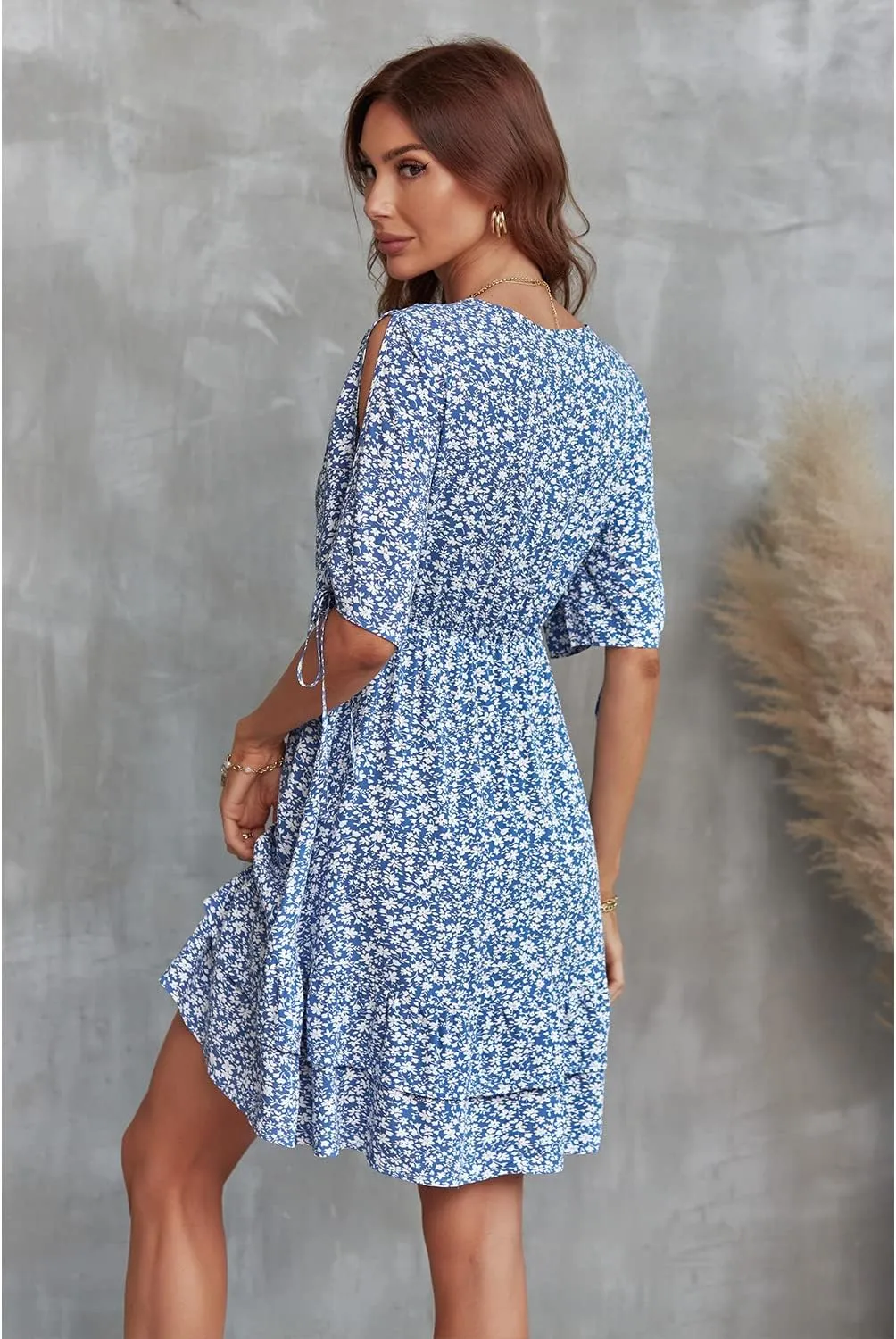 BROVAVE Summer Casual Dress for Women: Floral Half Short Sleeve Mini Sundress V Neck Flowy Ruffle Beach Outfits