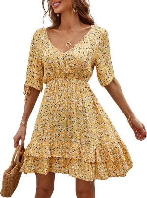 BROVAVE Summer Casual Dress for Women: Floral Half Short Sleeve Mini Sundress V Neck Flowy Ruffle Beach Outfits