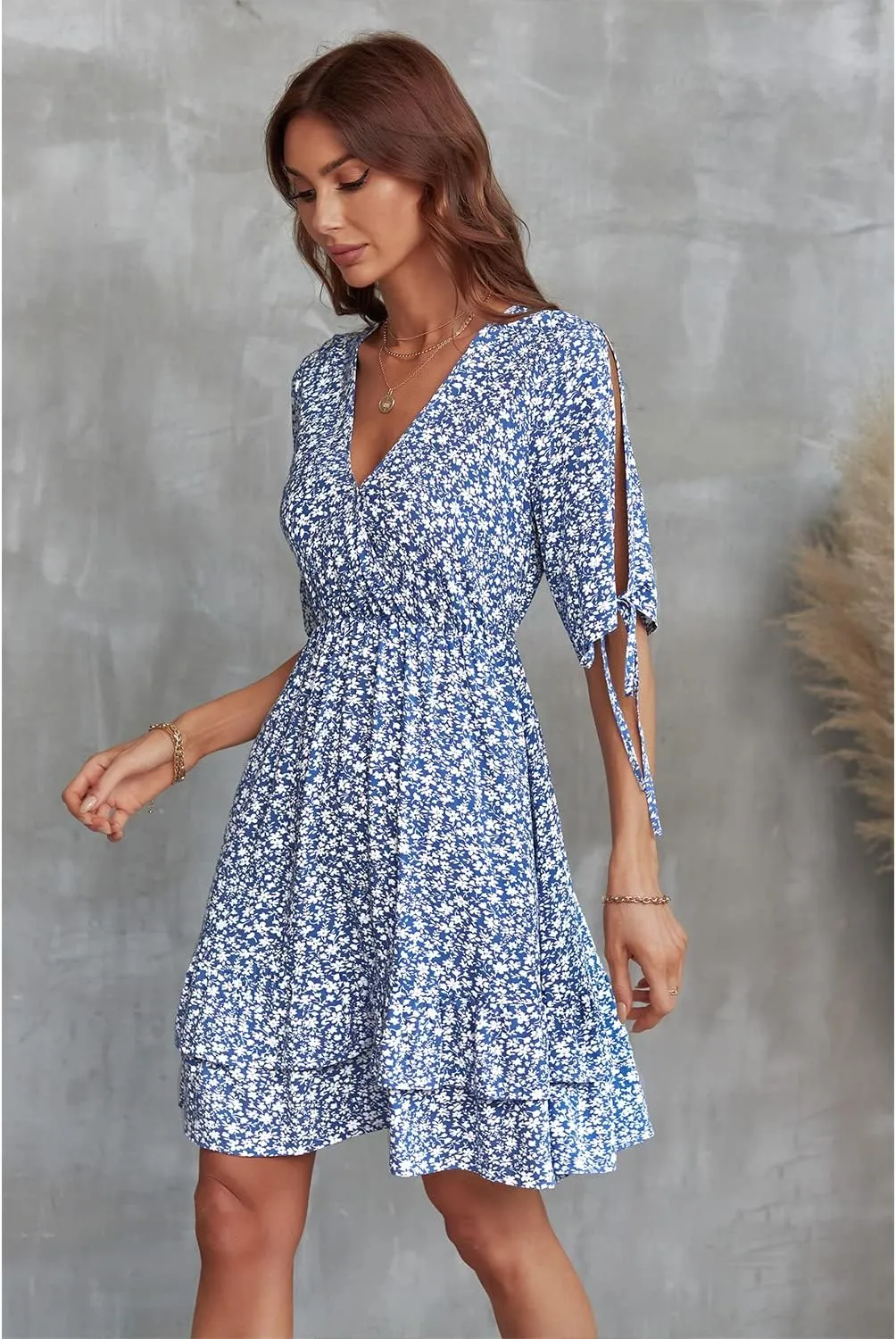 BROVAVE Summer Casual Dress for Women: Floral Half Short Sleeve Mini Sundress V Neck Flowy Ruffle Beach Outfits