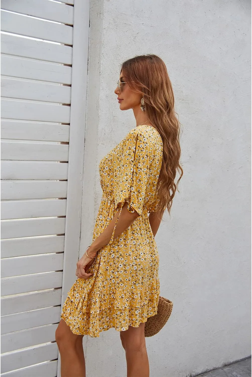 BROVAVE Summer Casual Dress for Women: Floral Half Short Sleeve Mini Sundress V Neck Flowy Ruffle Beach Outfits