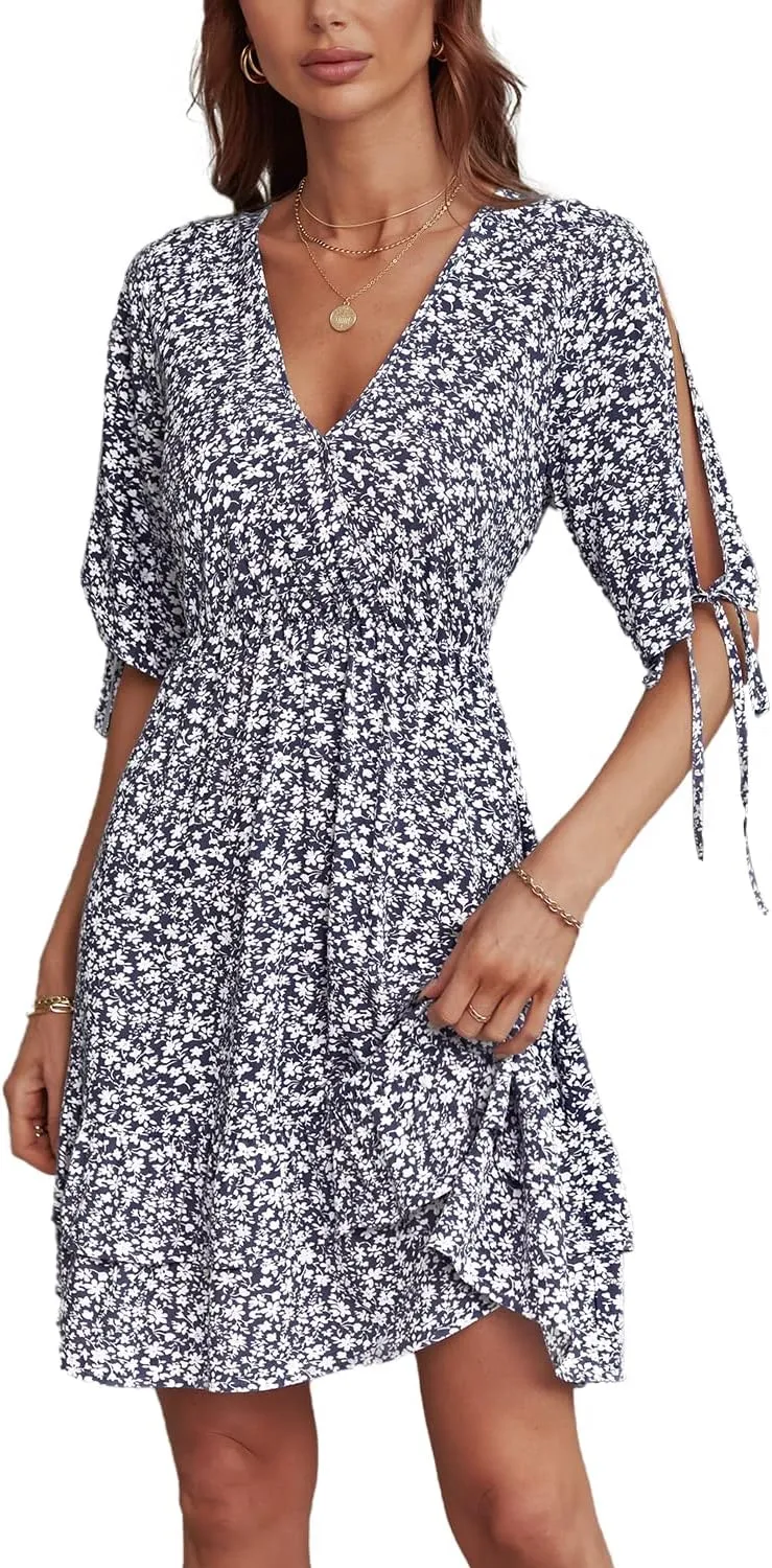 BROVAVE Summer Casual Dress for Women: Floral Half Short Sleeve Mini Sundress V Neck Flowy Ruffle Beach Outfits