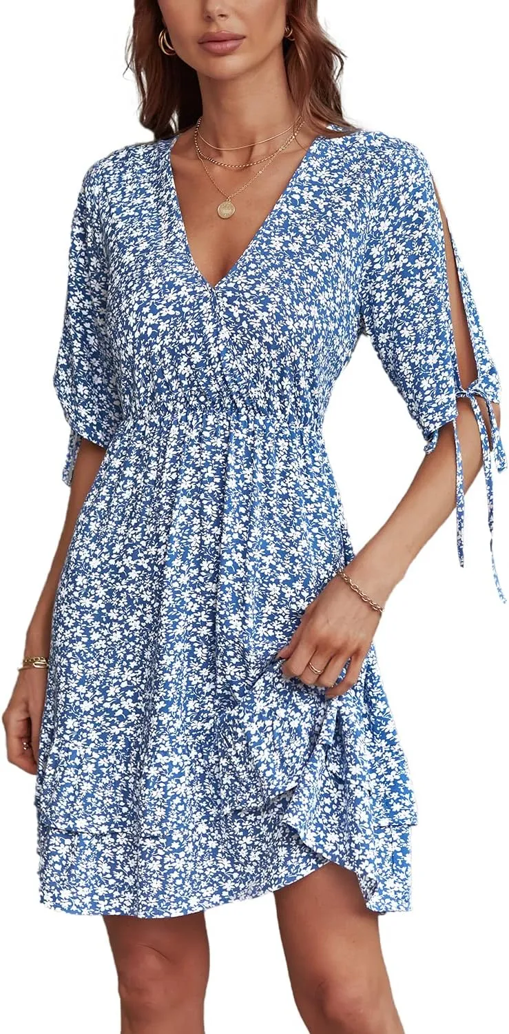BROVAVE Summer Casual Dress for Women: Floral Half Short Sleeve Mini Sundress V Neck Flowy Ruffle Beach Outfits
