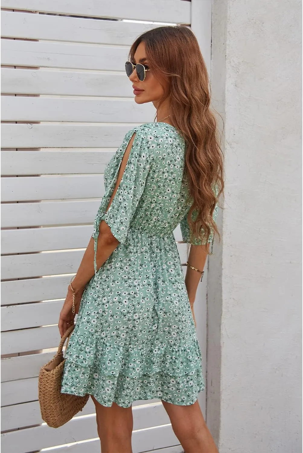 BROVAVE Summer Casual Dress for Women: Floral Half Short Sleeve Mini Sundress V Neck Flowy Ruffle Beach Outfits