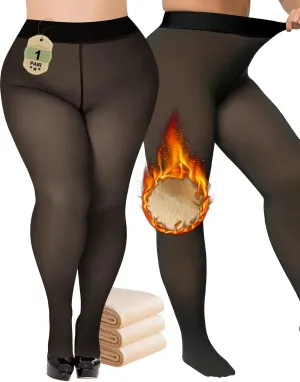Buauty Plus Size Fleece Lined Tights Womens- Winter Warm Fake Translucent Thermal Pantyhose,Thick Leggings under Dresses