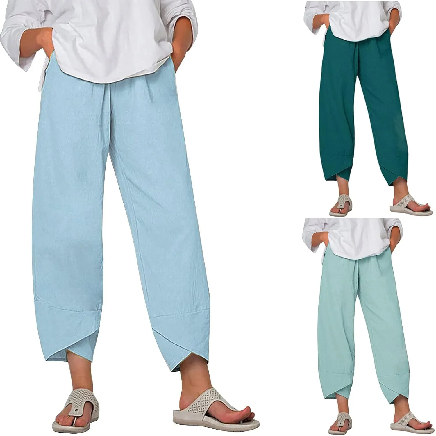 BZGTZT Women Casual Pants Cotton Linen Pant Trendy Cropped Pants with Pockets Elastic High Waist Summer Tapered Trousers